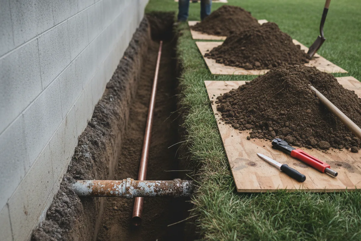 Excavated water line trench during Water Heater Repair in High Falls